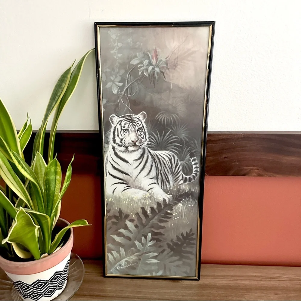 White Tiger in a Forest Art Framed Wall Art Vintage Asian Style 8x20” Home Decor